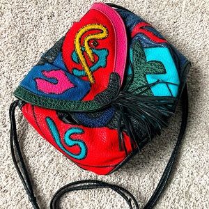 Multicolored Vintage Boho Purse, Faux Leather with Fringe